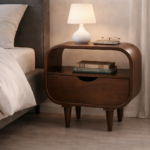 Mid-Century Modern Nightstand with Drawer, Walnut Brown Wood