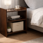 Wooden Bedside Table with 3 Shelves, Brown, S-Shaped Design
